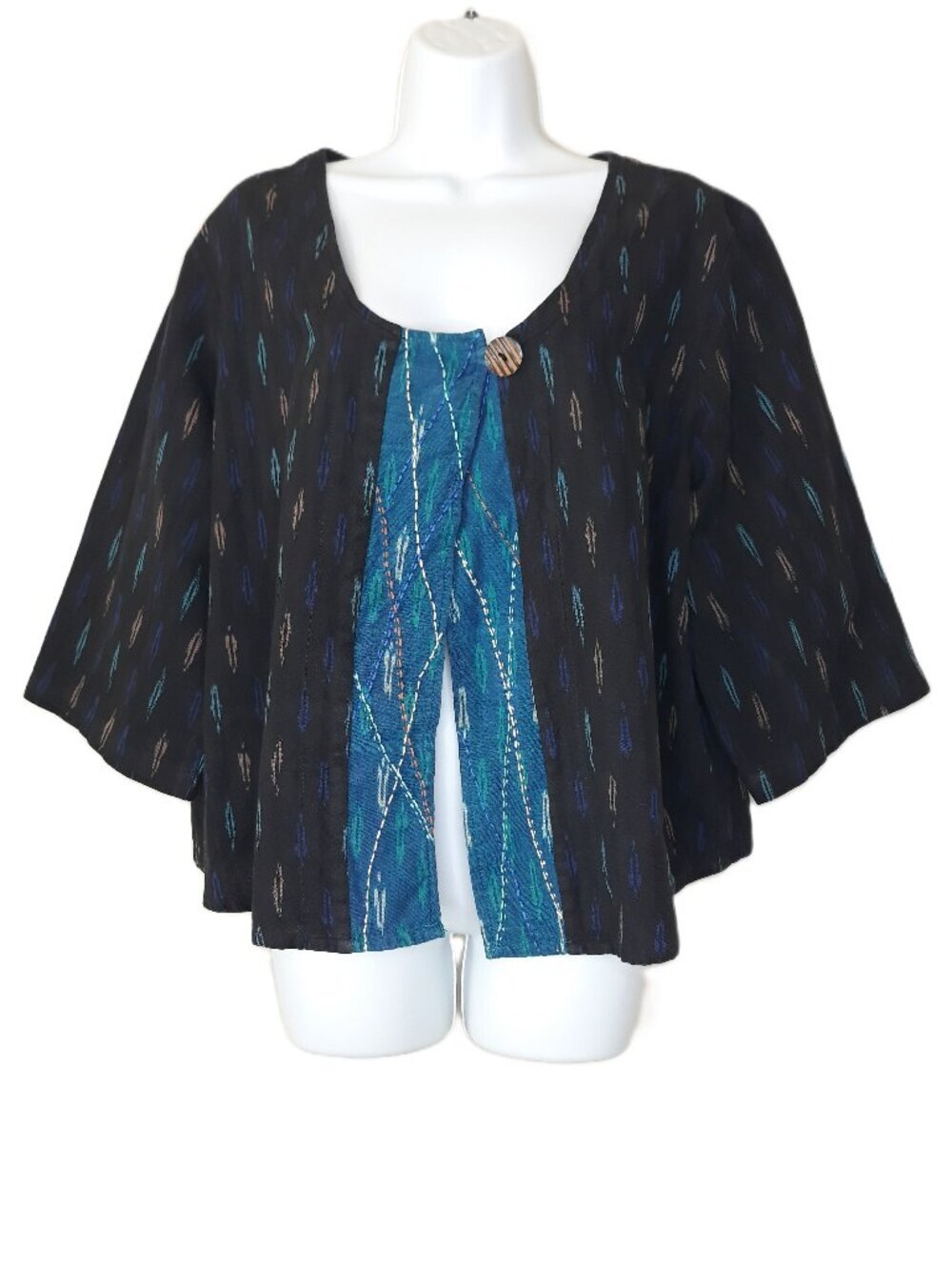 Artsy Jacket Boxy Open Front Block Stamped Cotton 3/4 Sleeves